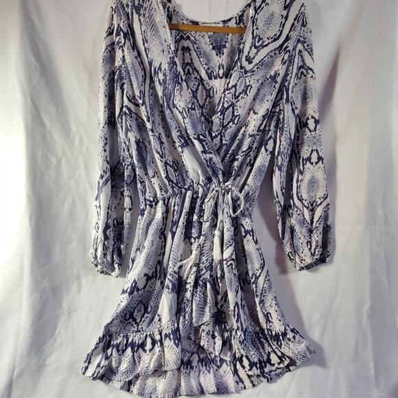 Blue Island Dress Small Snakeskin Print Long Sleeve Ruffle Hem Boho Chic - Picture 2 of 13